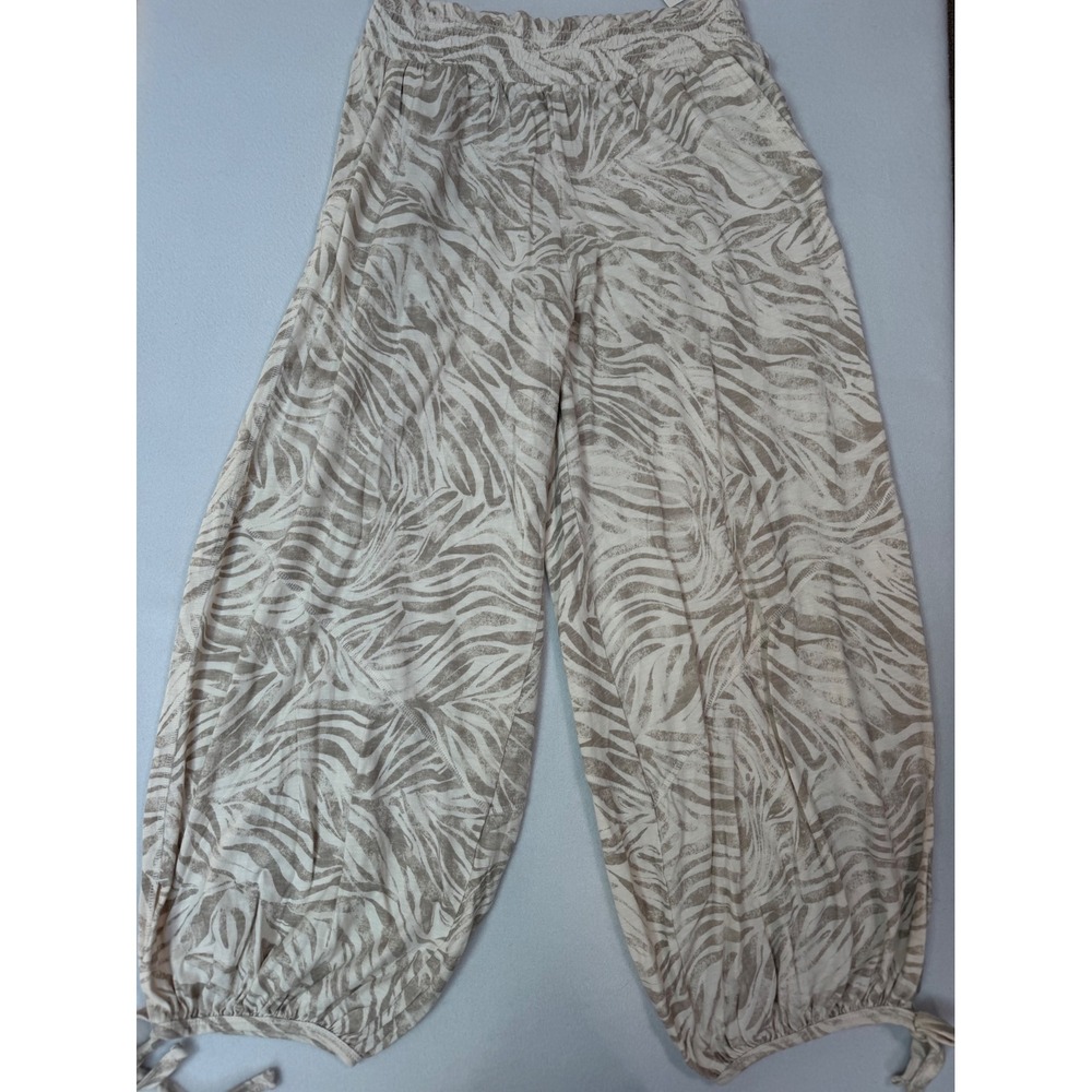 Aerie Real Good Zebra Print Harem Pants Tan Cream Smocked Waist Tie Ankle S